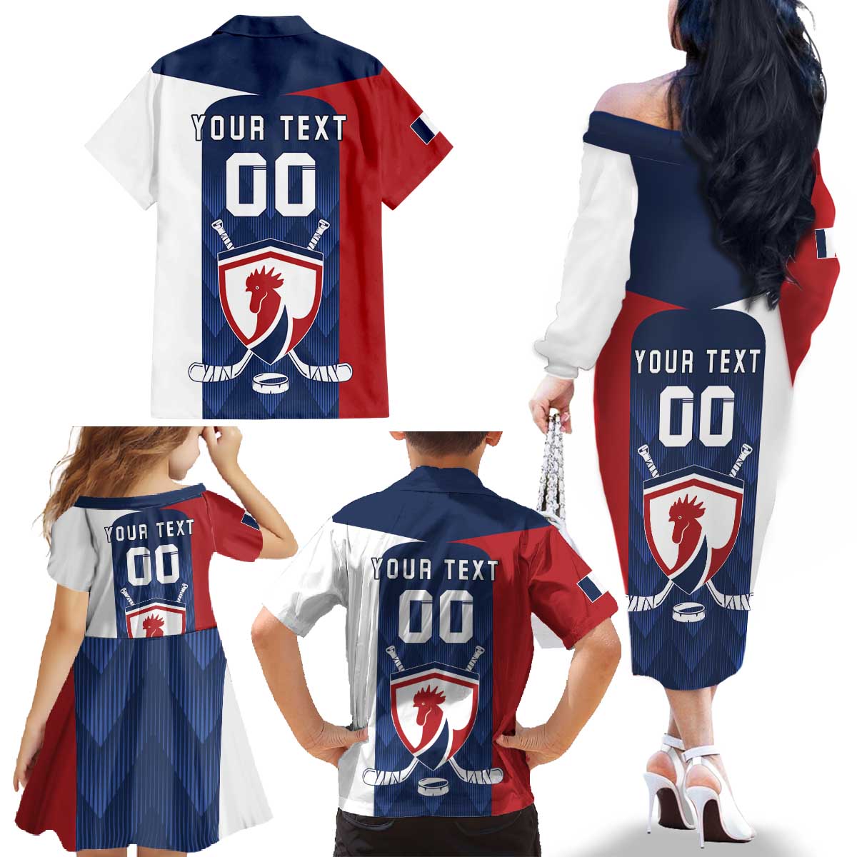 Custom France Hockey Family Matching Off The Shoulder Long Sleeve Dress and Hawaiian Shirt Les Bleus Go Champions