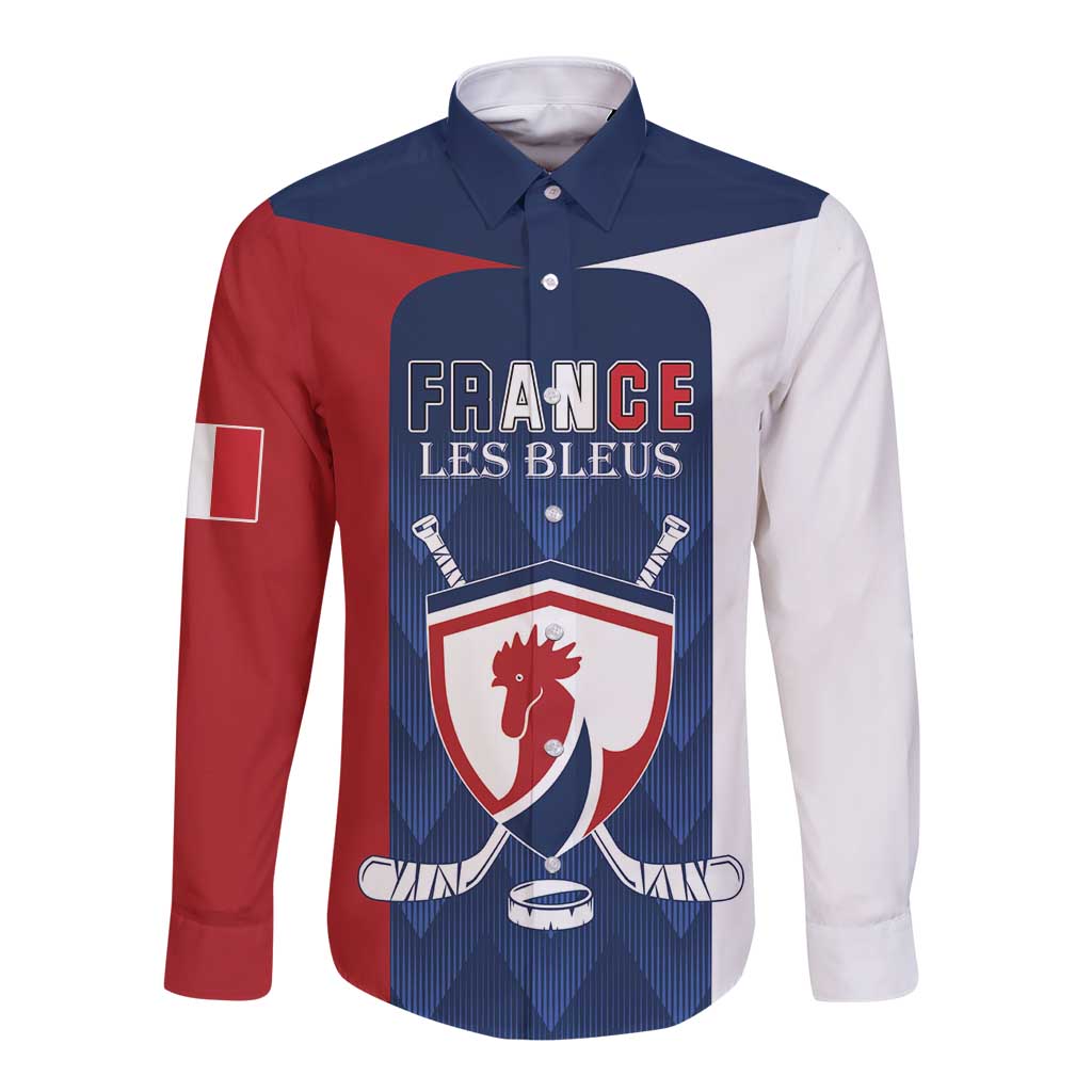 Custom France Hockey Long Sleeve Button Shirt Les Bleus Go Champions
