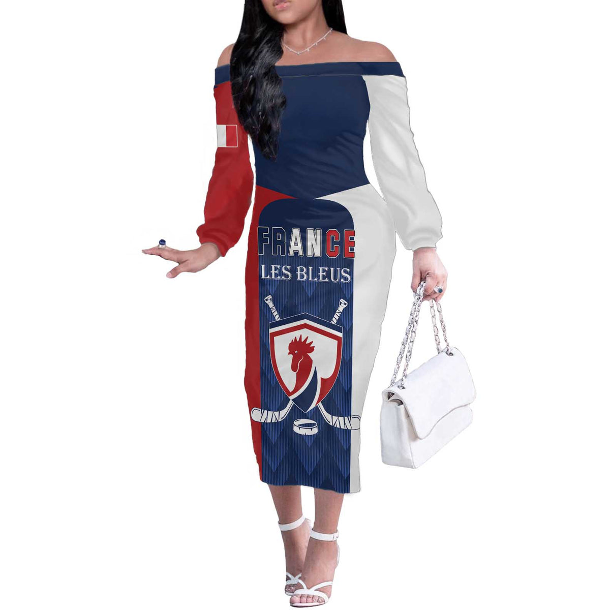 Custom France Hockey Off The Shoulder Long Sleeve Dress Les Bleus Go Champions