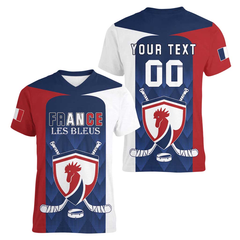 Custom France Hockey Women V-Neck T-Shirt Les Bleus Go Champions