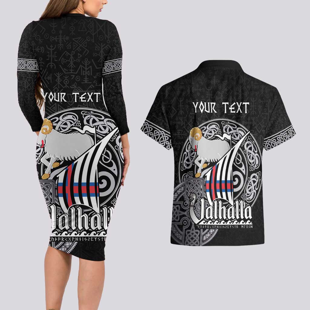 Personalized Viking Faroe Islands Couples Matching Long Sleeve Bodycon Dress and Hawaiian Shirt Valhalla Viking Pattern