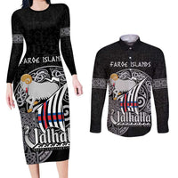 Personalized Viking Faroe Islands Couples Matching Long Sleeve Bodycon Dress and Long Sleeve Button Shirt Valhalla Viking Pattern