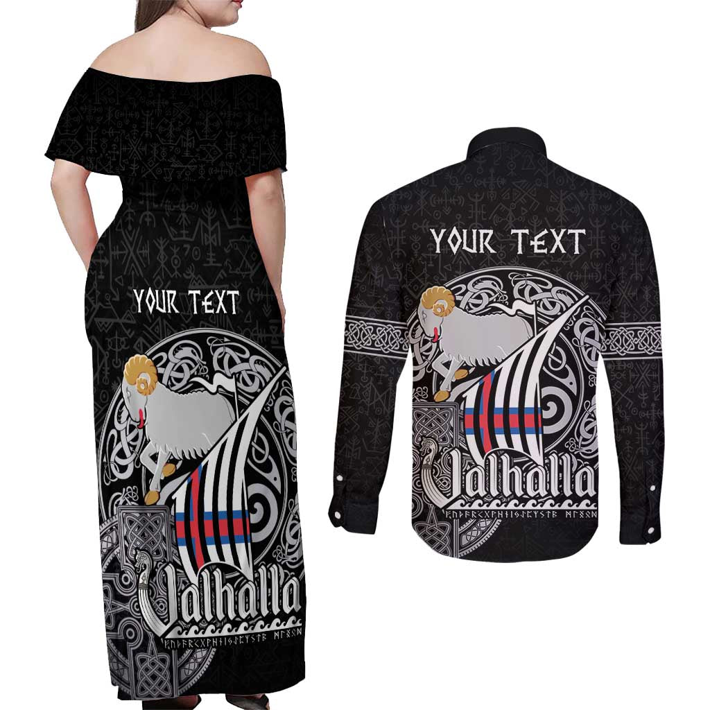 Personalized Viking Faroe Islands Couples Matching Off Shoulder Maxi Dress and Long Sleeve Button Shirt Valhalla Viking Pattern