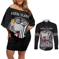 Personalized Viking Faroe Islands Couples Matching Off Shoulder Short Dress and Long Sleeve Button Shirt Valhalla Viking Pattern
