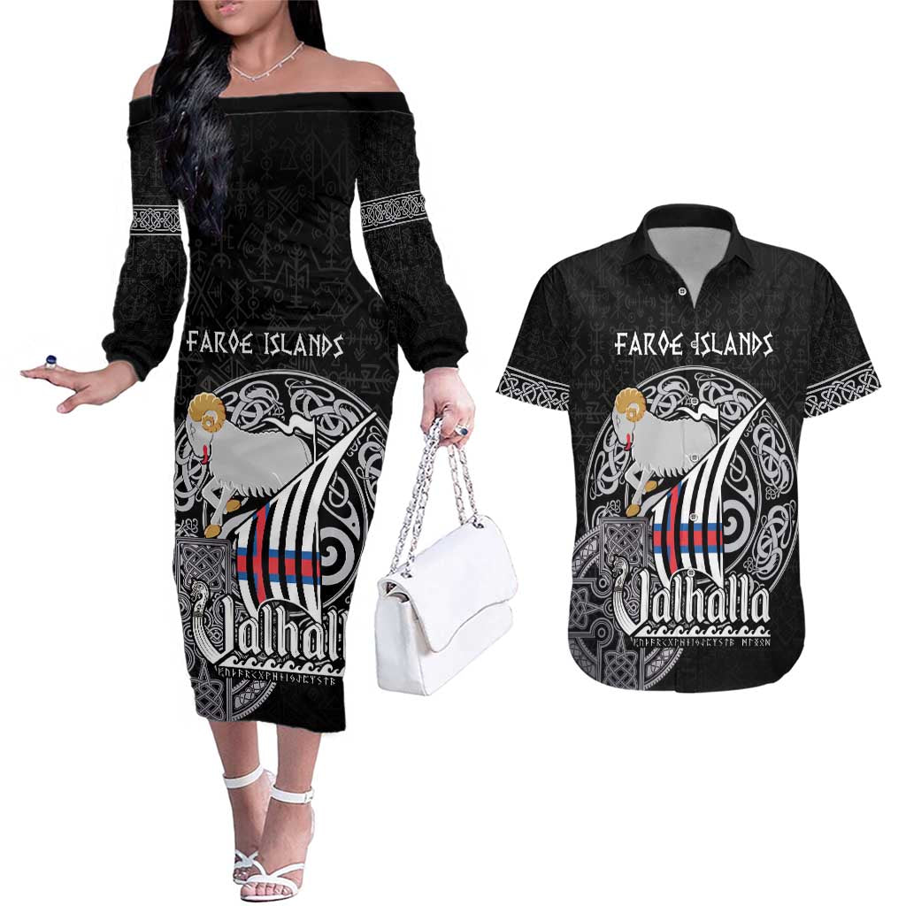 Personalized Viking Faroe Islands Couples Matching Off The Shoulder Long Sleeve Dress and Hawaiian Shirt Valhalla Viking Pattern