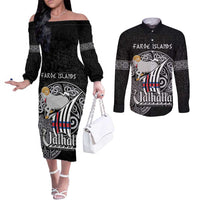 Personalized Viking Faroe Islands Couples Matching Off The Shoulder Long Sleeve Dress and Long Sleeve Button Shirt Valhalla Viking Pattern
