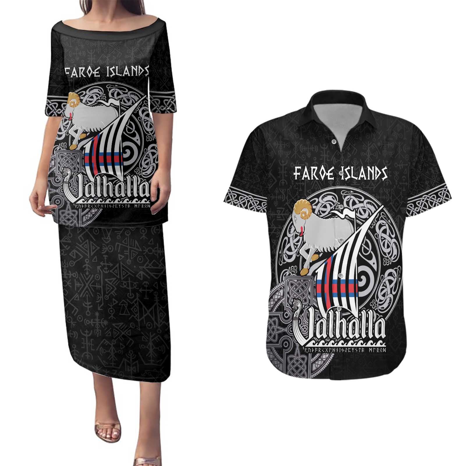Personalized Viking Faroe Islands Couples Matching Puletasi and Hawaiian Shirt Valhalla Viking Pattern
