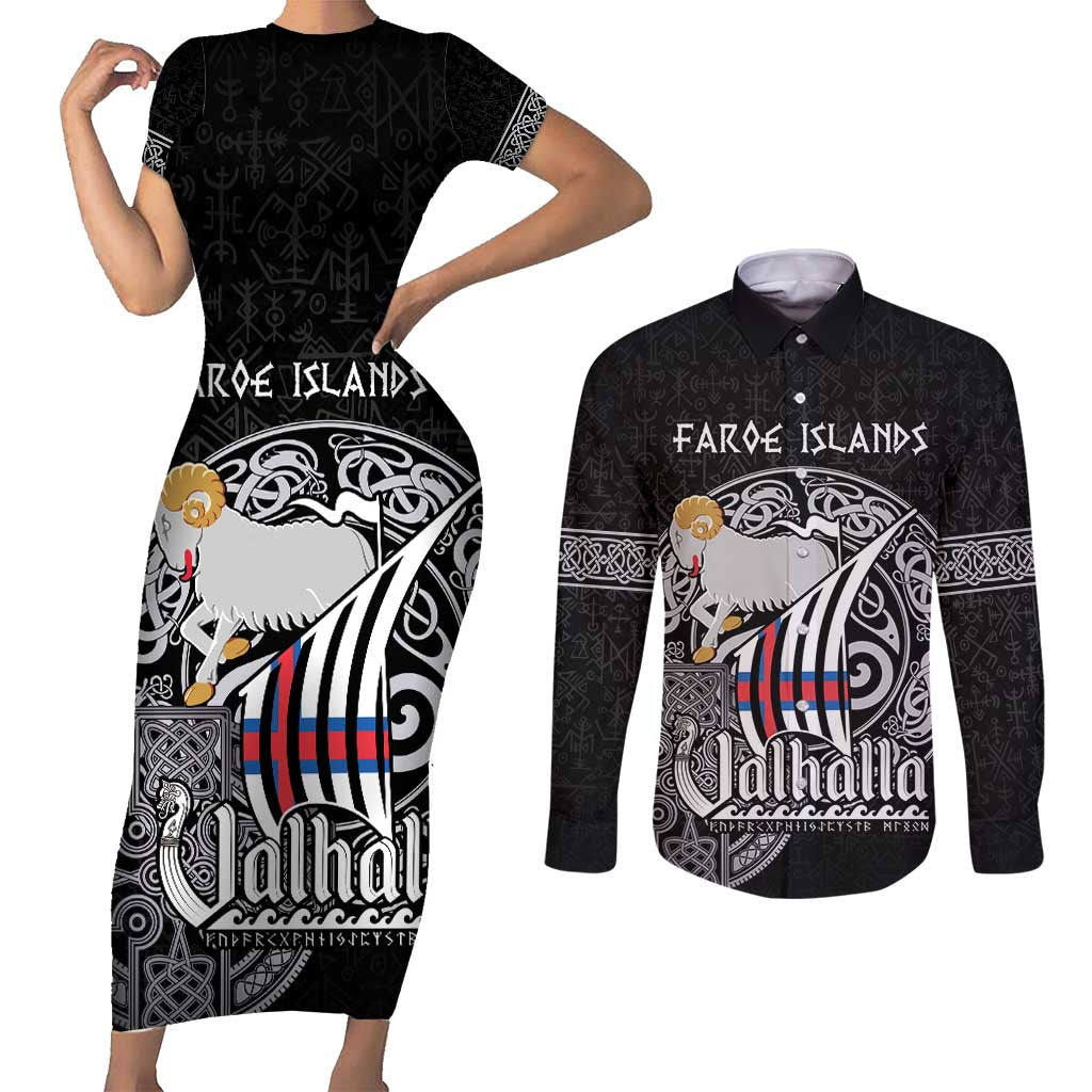 Personalized Viking Faroe Islands Couples Matching Short Sleeve Bodycon Dress and Long Sleeve Button Shirt Valhalla Viking Pattern