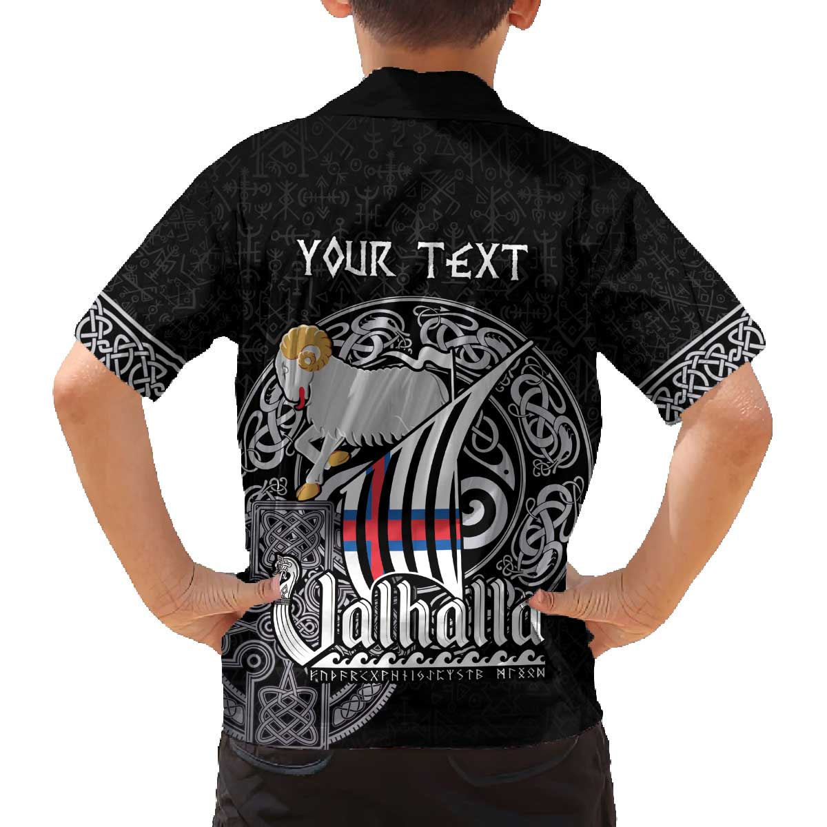 Personalized Viking Faroe Islands Family Matching Off The Shoulder Long Sleeve Dress and Hawaiian Shirt Valhalla Viking Pattern