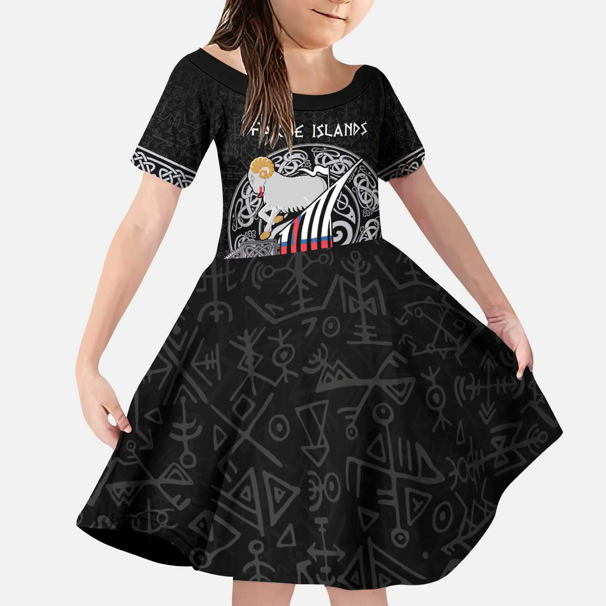 Personalized Viking Faroe Islands Kid Short Sleeve Dress Valhalla Viking Pattern