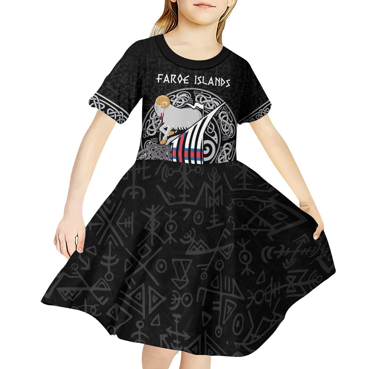 Personalized Viking Faroe Islands Kid Short Sleeve Dress Valhalla Viking Pattern