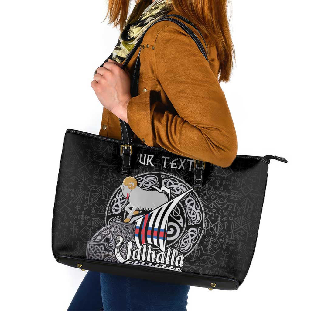 Personalized Viking Faroe Islands Leather Tote Bag Valhalla Viking Pattern