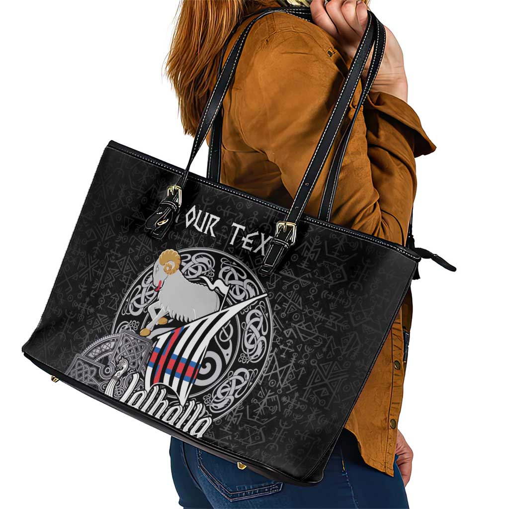 Personalized Viking Faroe Islands Leather Tote Bag Valhalla Viking Pattern