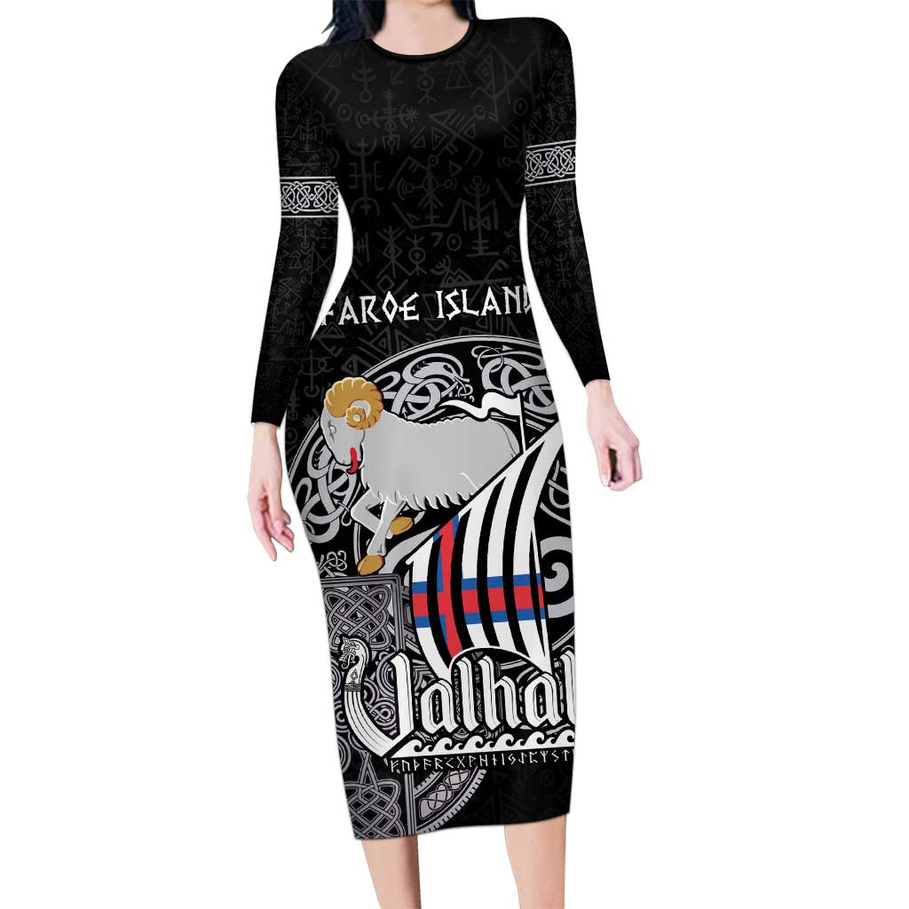 Personalized Viking Faroe Islands Long Sleeve Bodycon Dress Valhalla Viking Pattern