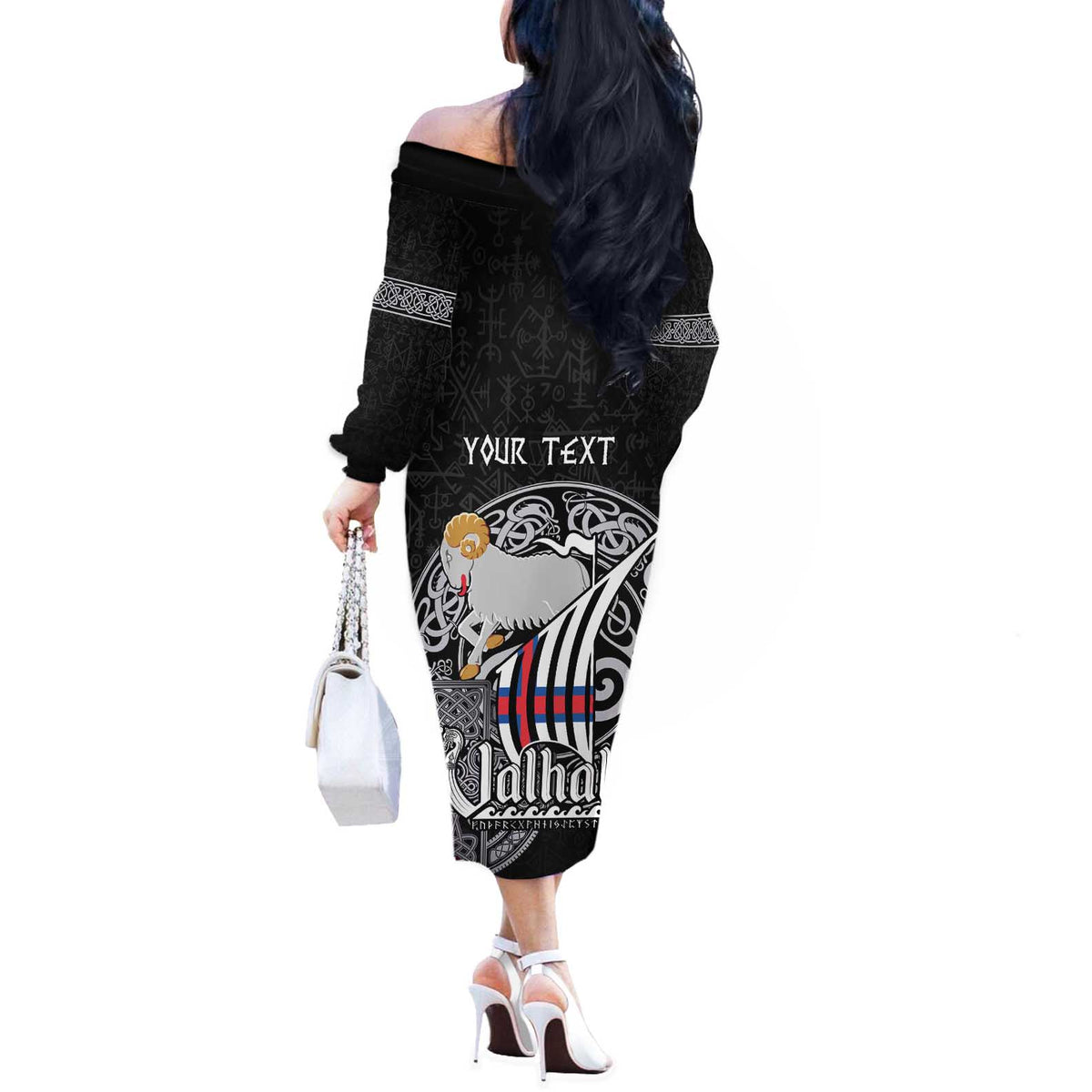 Personalized Viking Faroe Islands Off The Shoulder Long Sleeve Dress Valhalla Viking Pattern