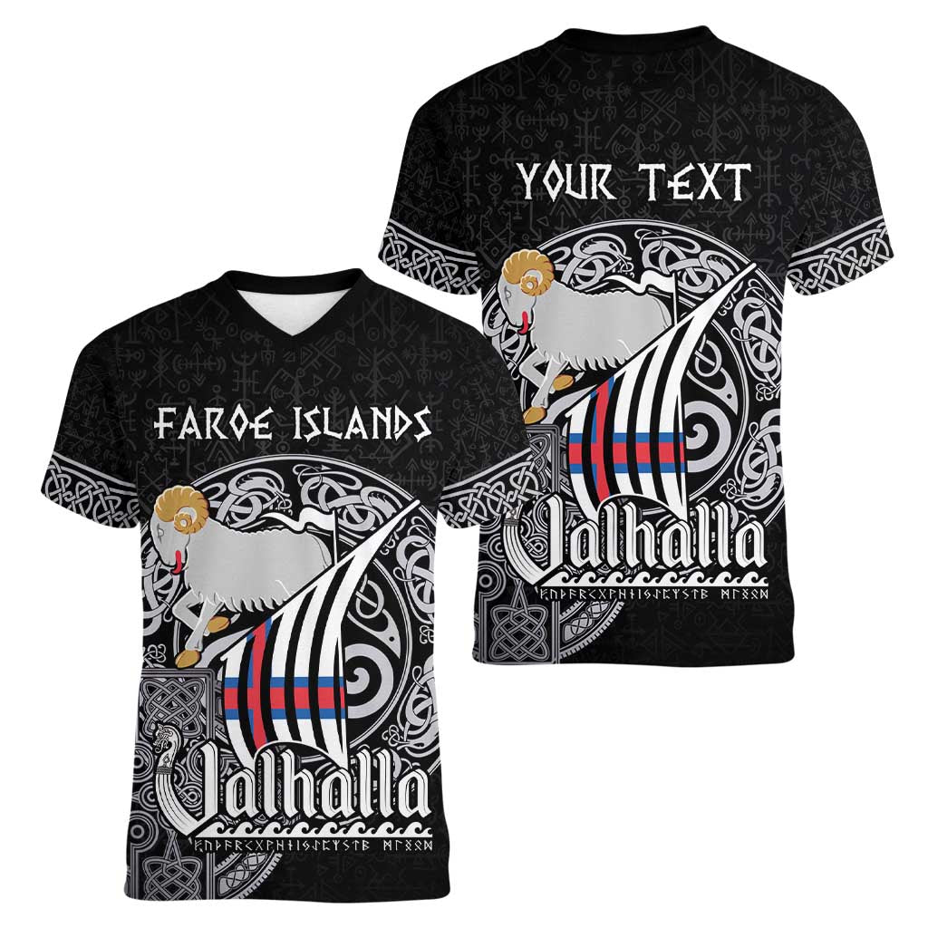 Personalized Viking Faroe Islands Women V-Neck T-Shirt Valhalla Viking Pattern