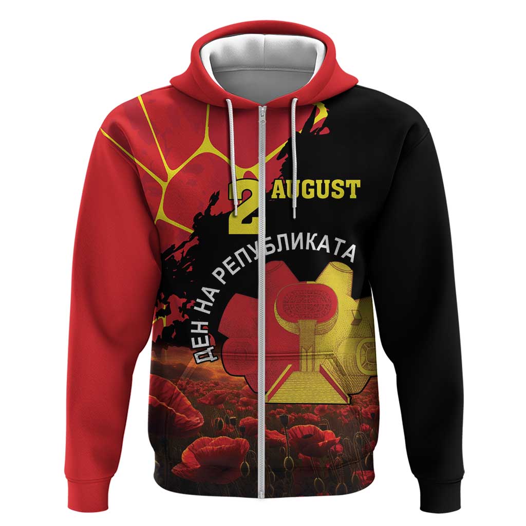 Personalized North Macedonia Republic Day Zip Hoodie Ilinden Monument Red Poppy