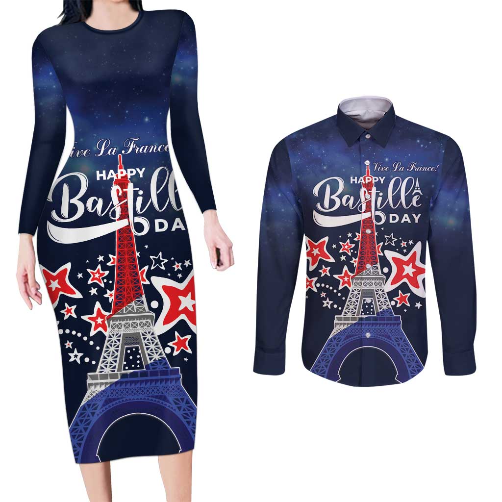 Personalized Happy Bastille Day Couples Matching Long Sleeve Bodycon Dress and Long Sleeve Button Shirt Vive la France!