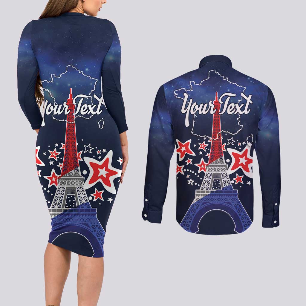 Personalized Happy Bastille Day Couples Matching Long Sleeve Bodycon Dress and Long Sleeve Button Shirt Vive la France!