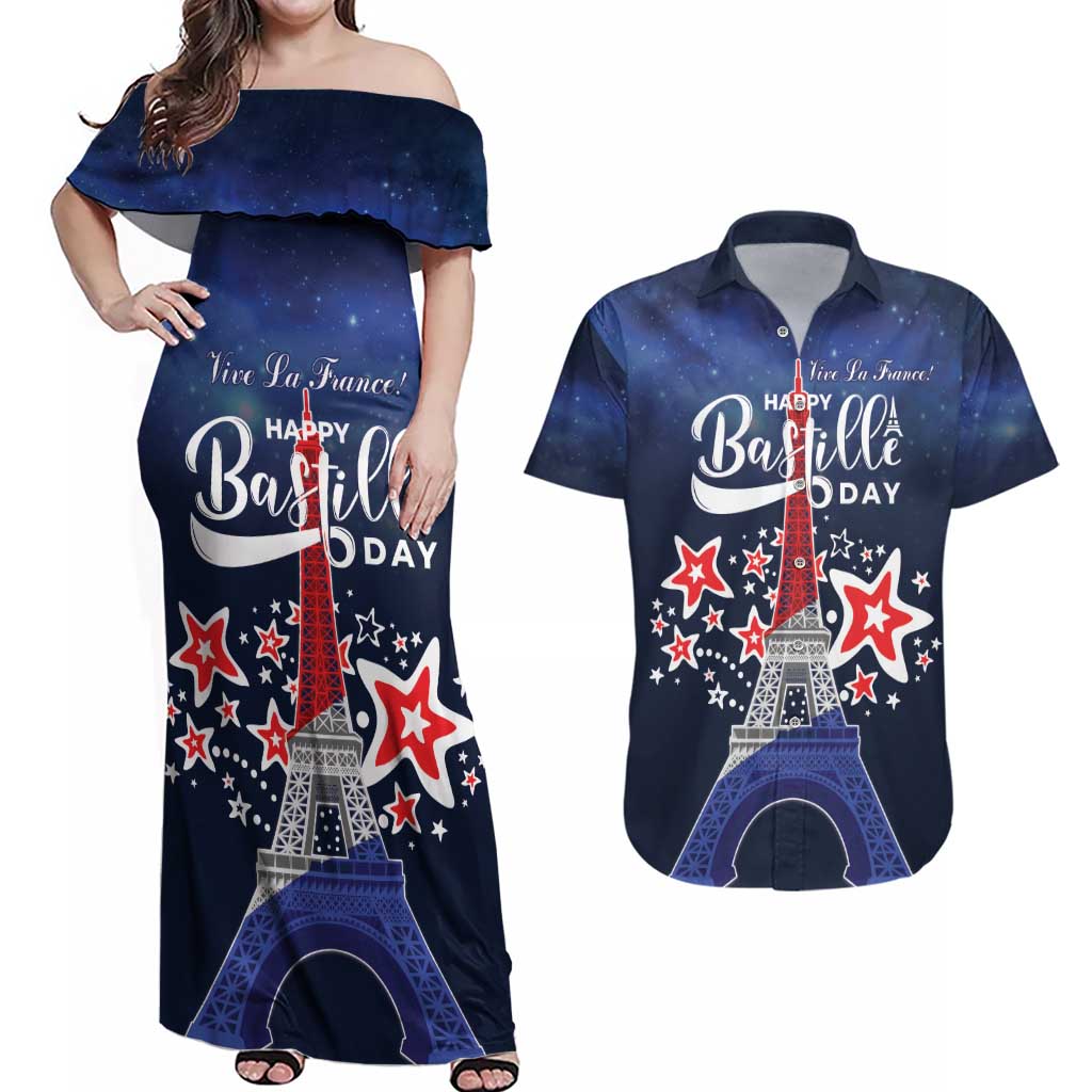 Personalized Happy Bastille Day Couples Matching Off Shoulder Maxi Dress and Hawaiian Shirt Vive la France!