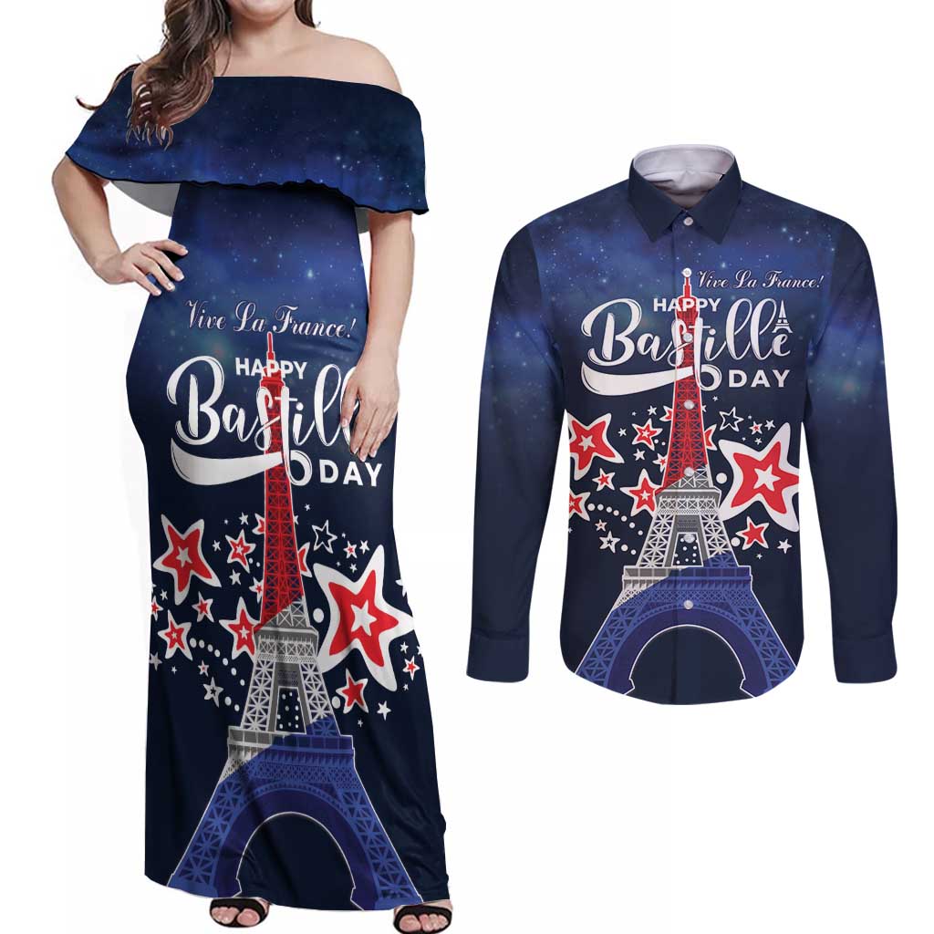 Personalized Happy Bastille Day Couples Matching Off Shoulder Maxi Dress and Long Sleeve Button Shirt Vive la France!
