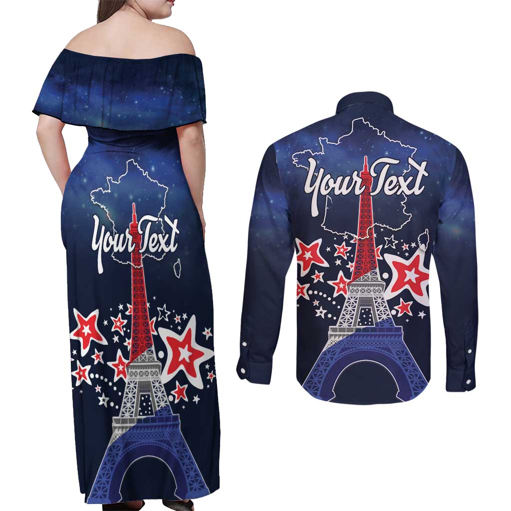 Personalized Happy Bastille Day Couples Matching Off Shoulder Maxi Dress and Long Sleeve Button Shirt Vive la France!