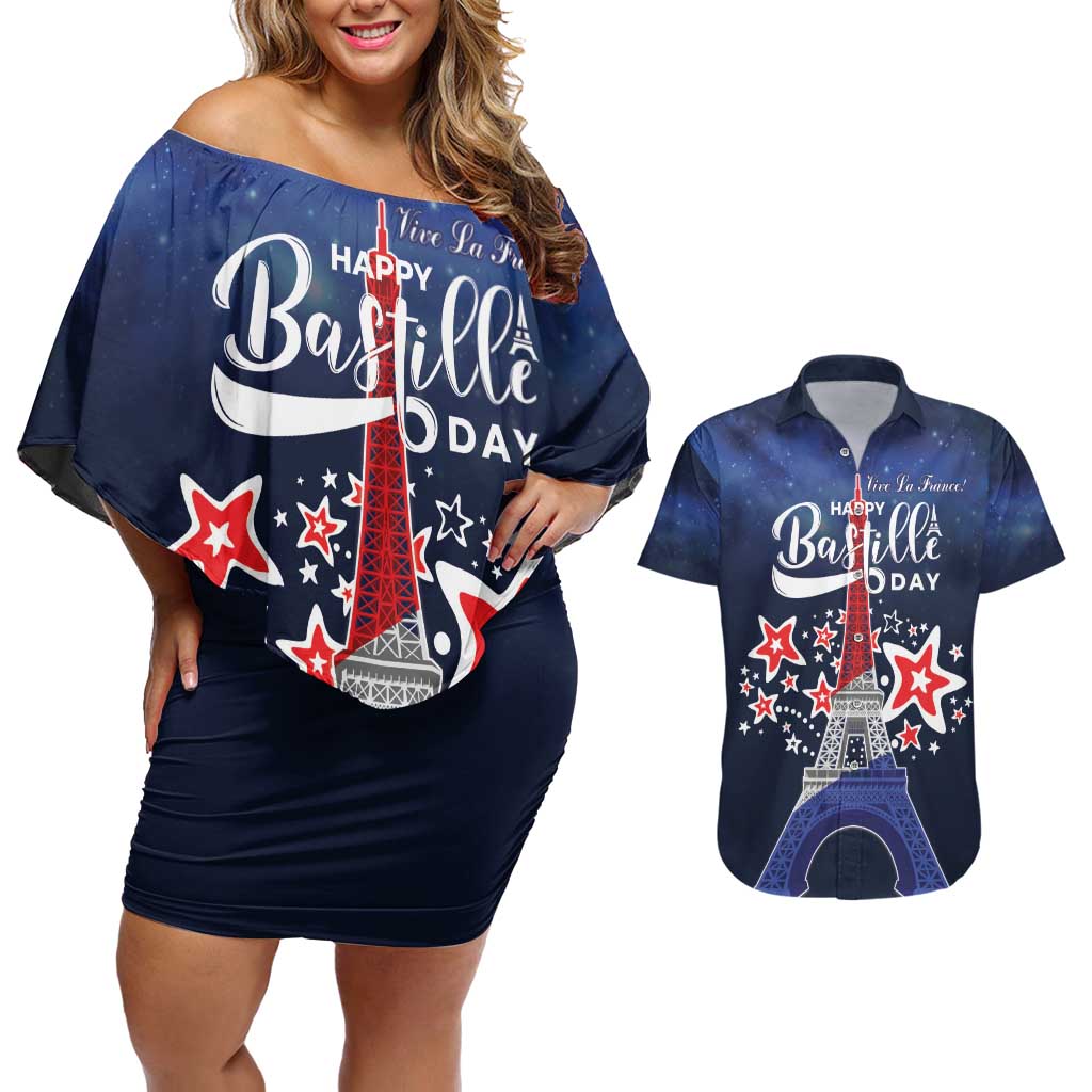 Personalized Happy Bastille Day Couples Matching Off Shoulder Short Dress and Hawaiian Shirt Vive la France!