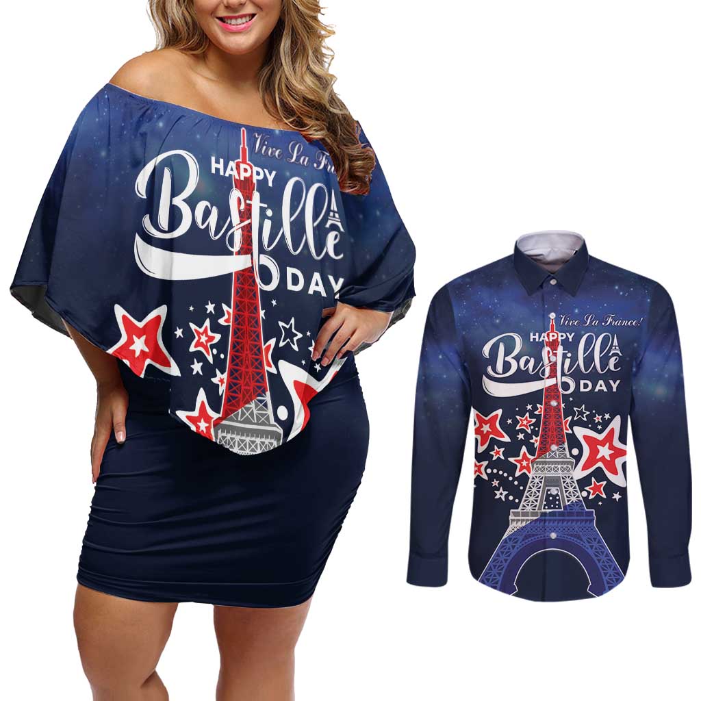 Personalized Happy Bastille Day Couples Matching Off Shoulder Short Dress and Long Sleeve Button Shirt Vive la France!