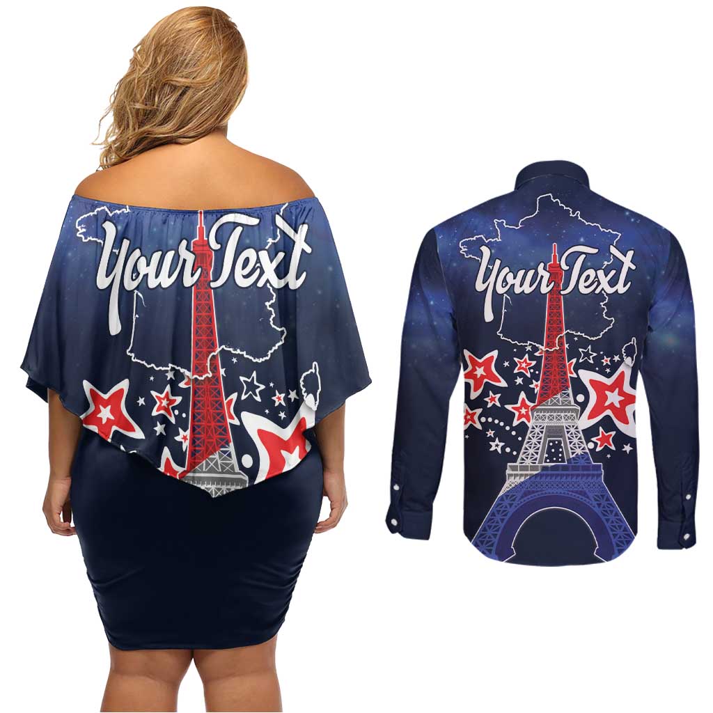 Personalized Happy Bastille Day Couples Matching Off Shoulder Short Dress and Long Sleeve Button Shirt Vive la France!