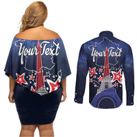 Personalized Happy Bastille Day Couples Matching Off Shoulder Short Dress and Long Sleeve Button Shirt Vive la France!