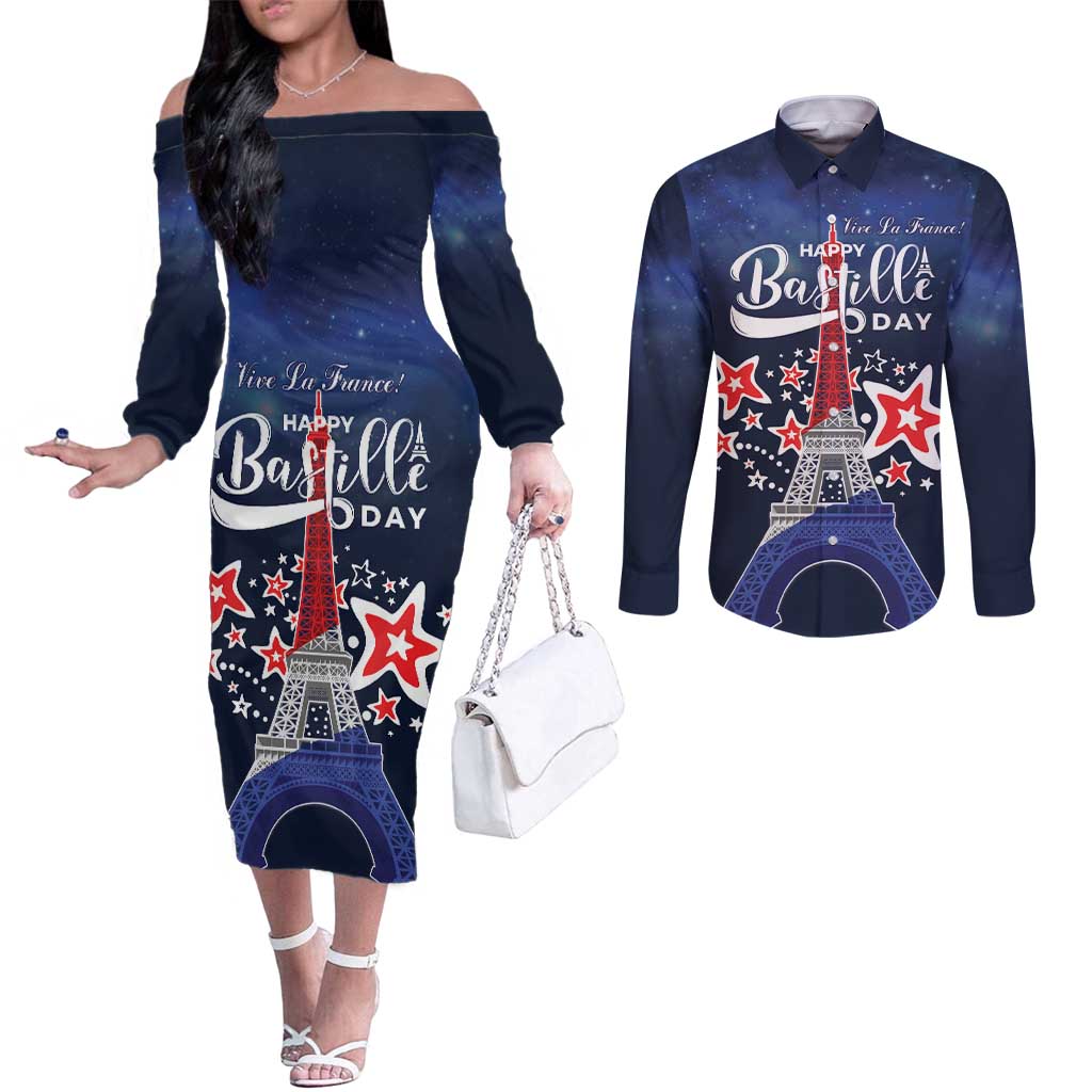 Personalized Happy Bastille Day Couples Matching Off The Shoulder Long Sleeve Dress and Long Sleeve Button Shirt Vive la France!