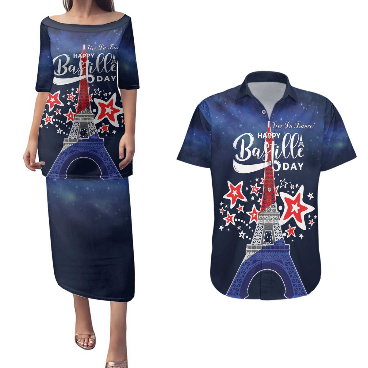 Personalized Happy Bastille Day Couples Matching Puletasi and Hawaiian Shirt Vive la France!