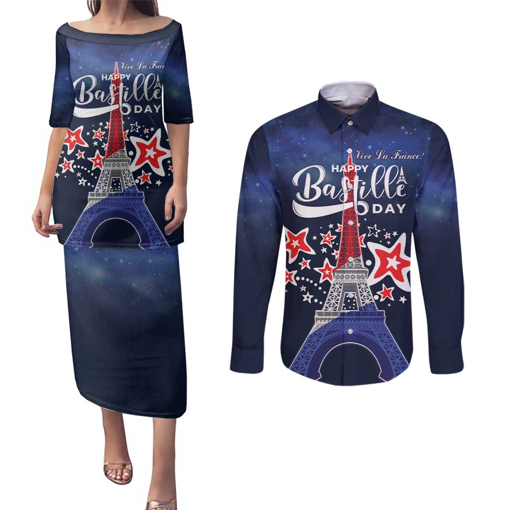 Personalized Happy Bastille Day Couples Matching Puletasi and Long Sleeve Button Shirt Vive la France!