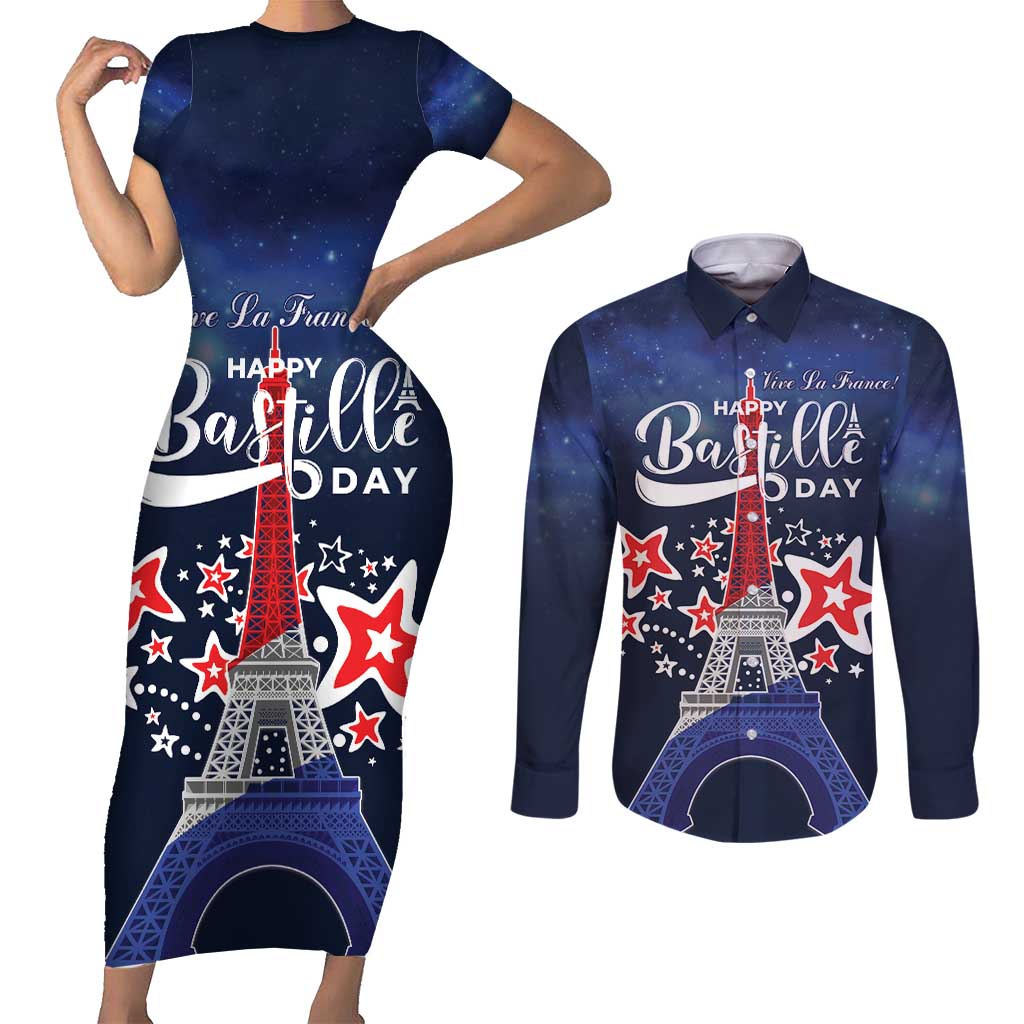 Personalized Happy Bastille Day Couples Matching Short Sleeve Bodycon Dress and Long Sleeve Button Shirt Vive la France!