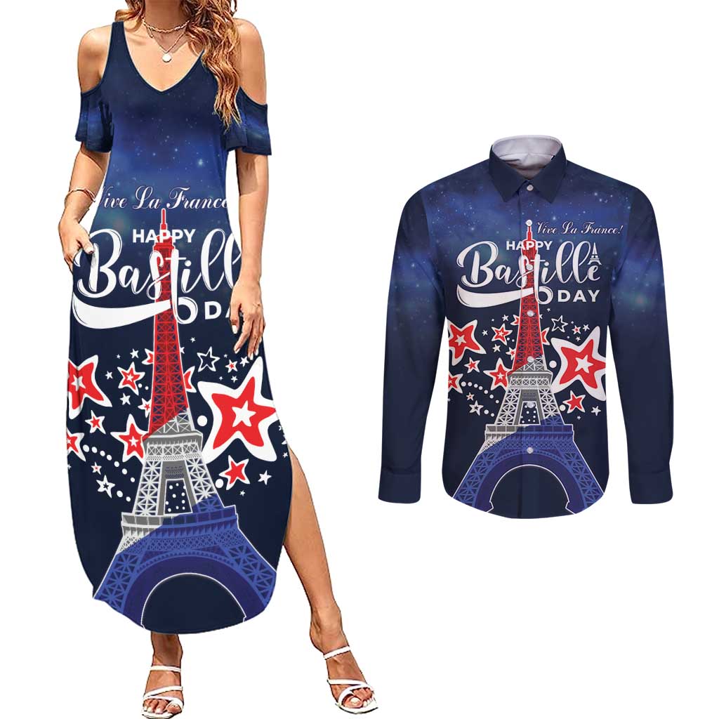 Personalized Happy Bastille Day Couples Matching Summer Maxi Dress and Long Sleeve Button Shirt Vive la France!