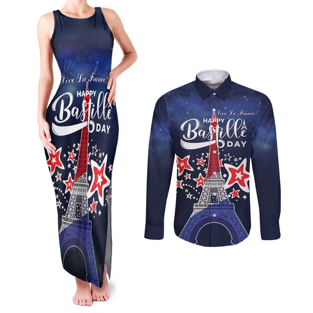 Personalized Happy Bastille Day Couples Matching Tank Maxi Dress and Long Sleeve Button Shirt Vive la France!