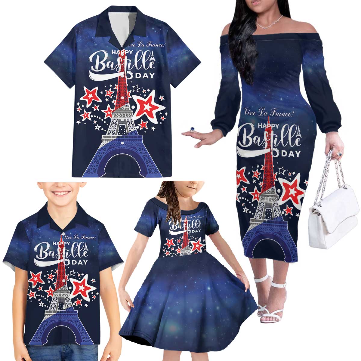 Personalized Happy Bastille Day Family Matching Off The Shoulder Long Sleeve Dress and Hawaiian Shirt Vive la France!