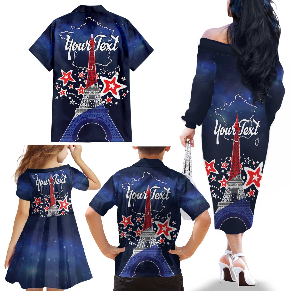 Personalized Happy Bastille Day Family Matching Off The Shoulder Long Sleeve Dress and Hawaiian Shirt Vive la France!