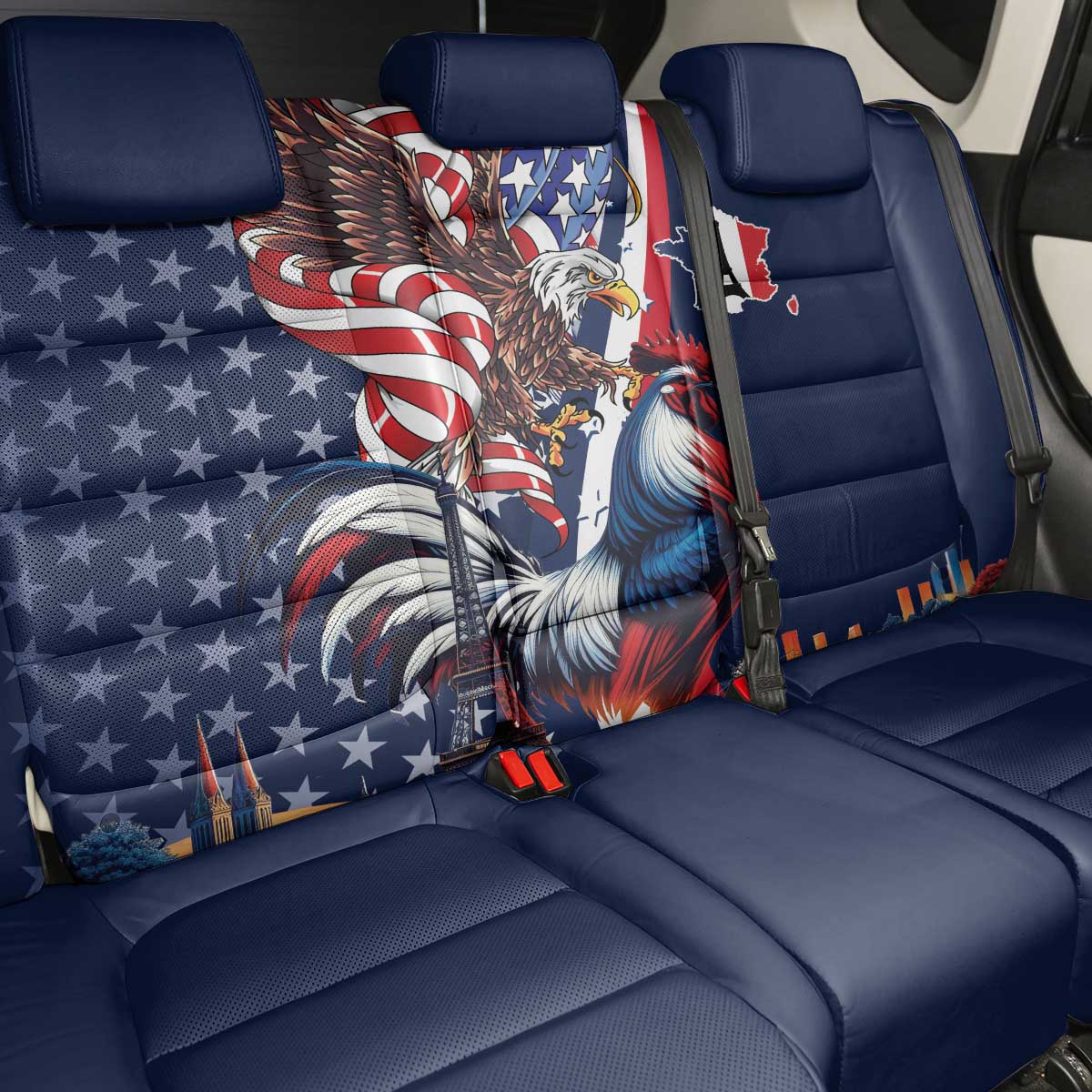French American Heritage Month Back Car Seat Cover Gallic Rooster And Bald Eagle