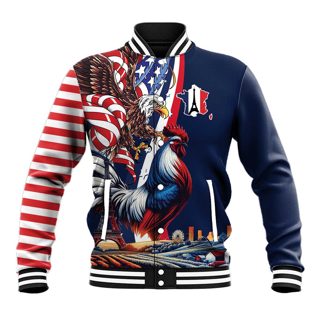 French American Heritage Month Baseball Jacket Gallic Rooster And Bald Eagle