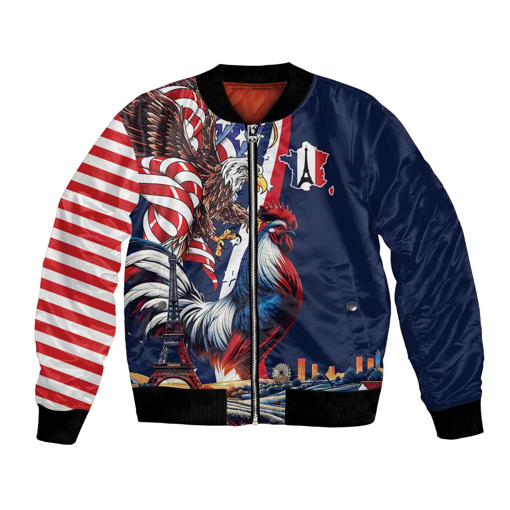 French American Heritage Month Bomber Jacket Gallic Rooster And Bald Eagle