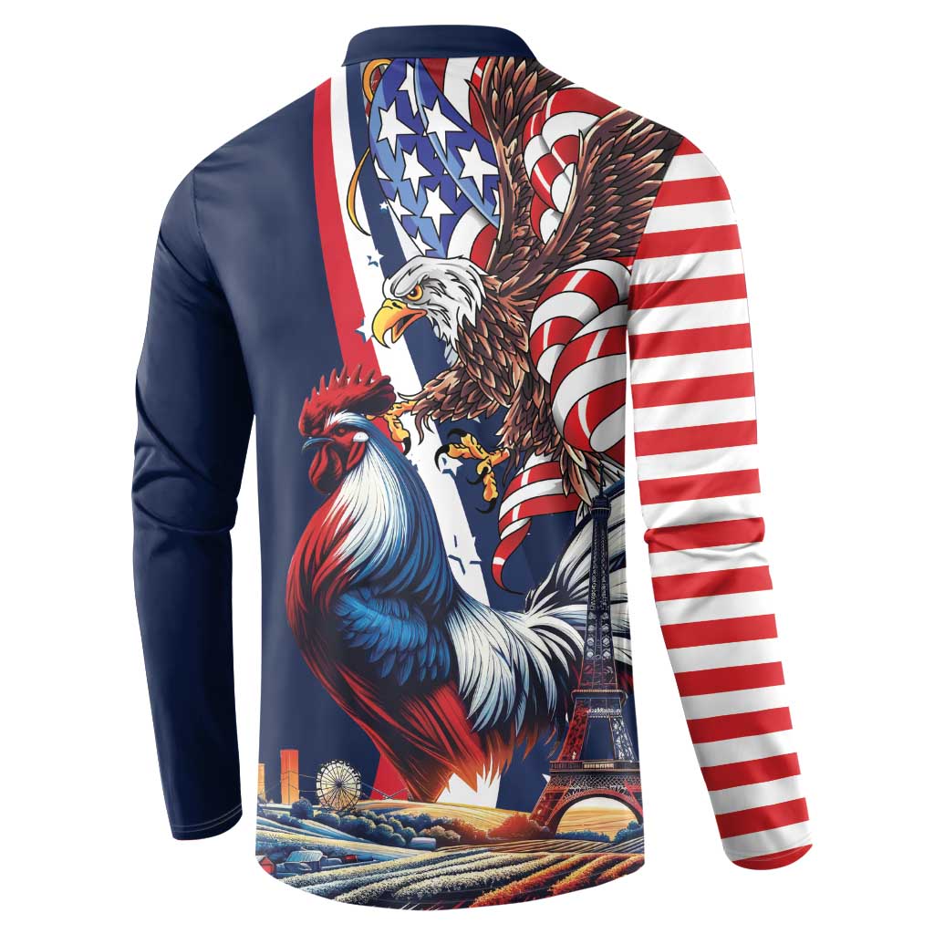 French American Heritage Month Button Sweatshirt Gallic Rooster And Bald Eagle