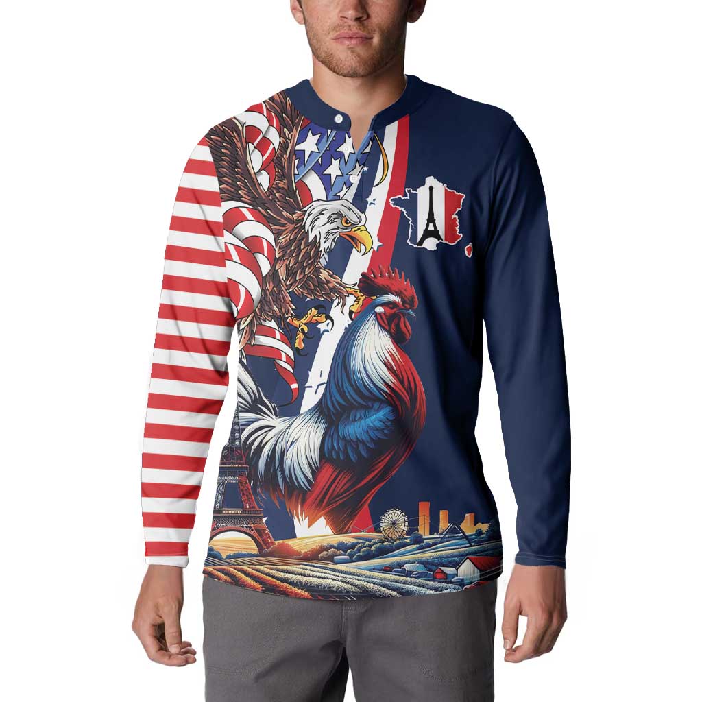 French American Heritage Month Button Sweatshirt Gallic Rooster And Bald Eagle