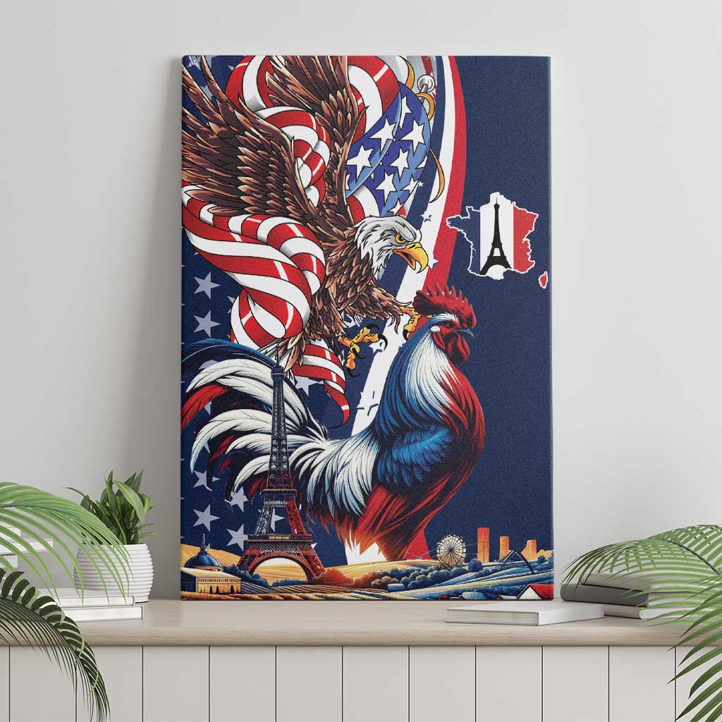French American Heritage Month Canvas Wall Art Gallic Rooster And Bald Eagle