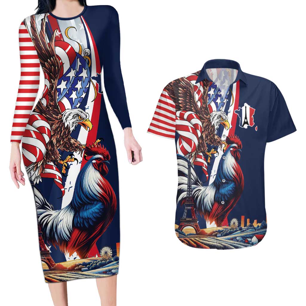 French American Heritage Month Couples Matching Long Sleeve Bodycon Dress and Hawaiian Shirt Gallic Rooster And Bald Eagle