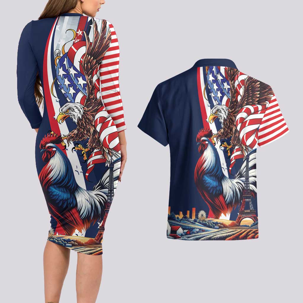 French American Heritage Month Couples Matching Long Sleeve Bodycon Dress and Hawaiian Shirt Gallic Rooster And Bald Eagle