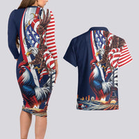 French American Heritage Month Couples Matching Long Sleeve Bodycon Dress and Hawaiian Shirt Gallic Rooster And Bald Eagle