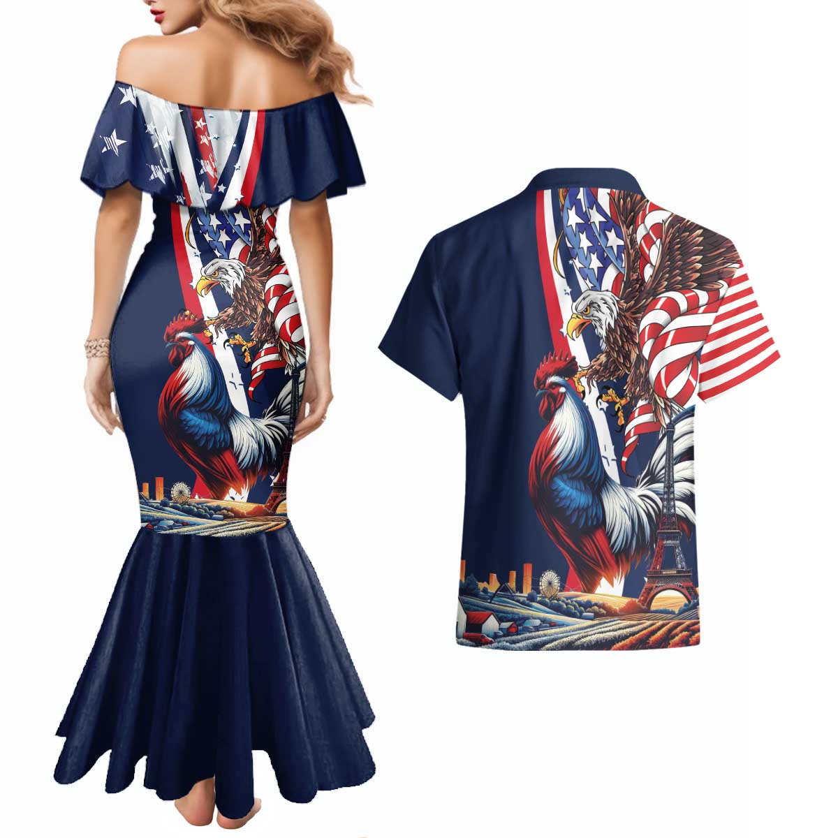 French American Heritage Month Couples Matching Mermaid Dress and Hawaiian Shirt Gallic Rooster And Bald Eagle