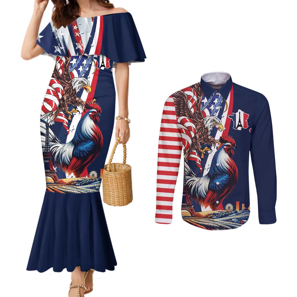 French American Heritage Month Couples Matching Mermaid Dress and Long Sleeve Button Shirt Gallic Rooster And Bald Eagle