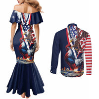 French American Heritage Month Couples Matching Mermaid Dress and Long Sleeve Button Shirt Gallic Rooster And Bald Eagle